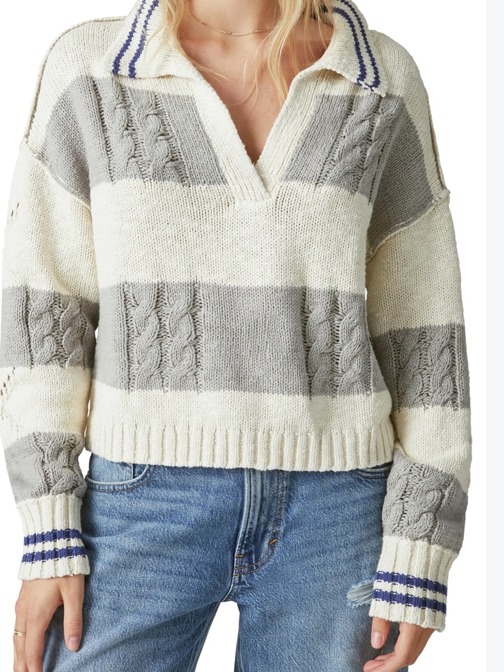 Lucky Brand Stripe Collared Cotton Sweater